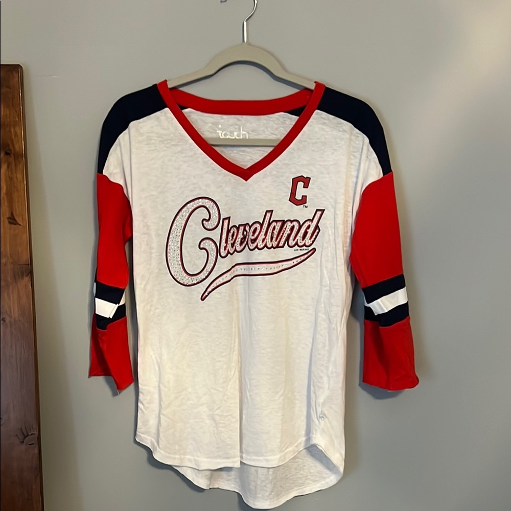 Red and White Raglan Graphic Jersey Top